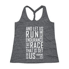 Running the Race Hebrews 12:1 Bible Verse Workout Twist Back Tank Top
